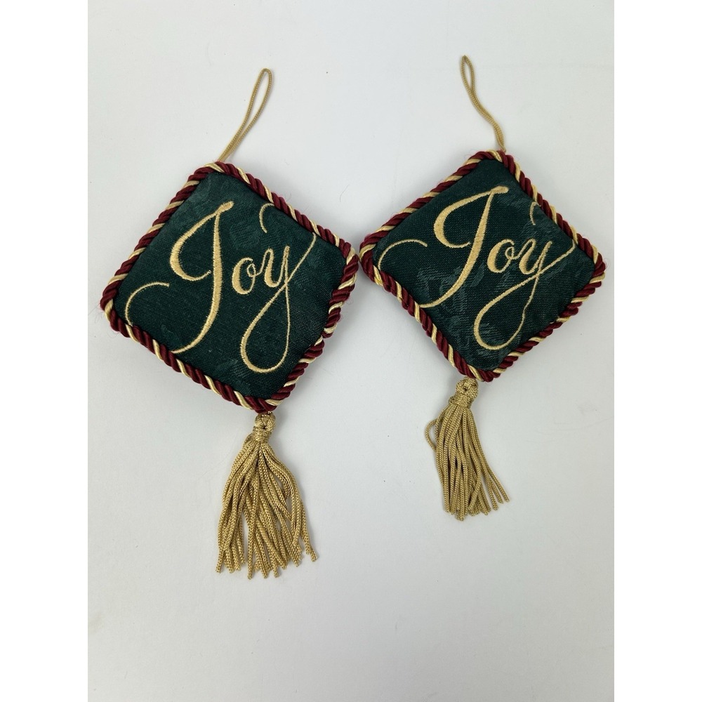 Set of 2 Christmas Fabric Ornaments Green Gold Red Square Tassel Holiday Decor